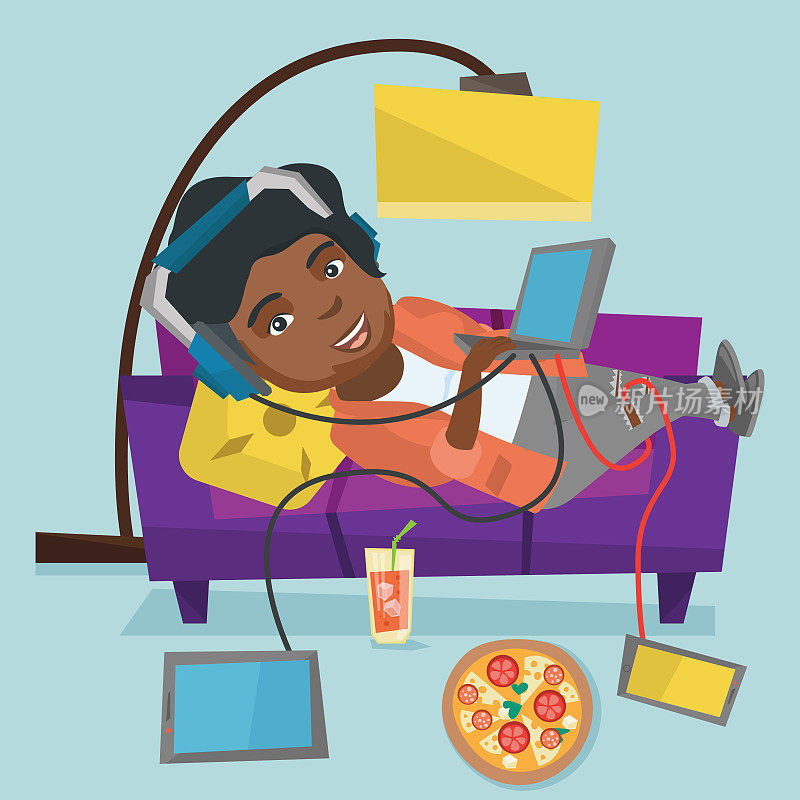 African fat woman lying on sofa with gadgets